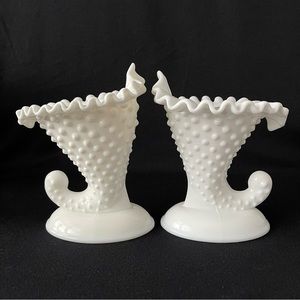 Pair - Cornucopia Candle Holders - Fenton Hobnail Milk Glass - Vintage